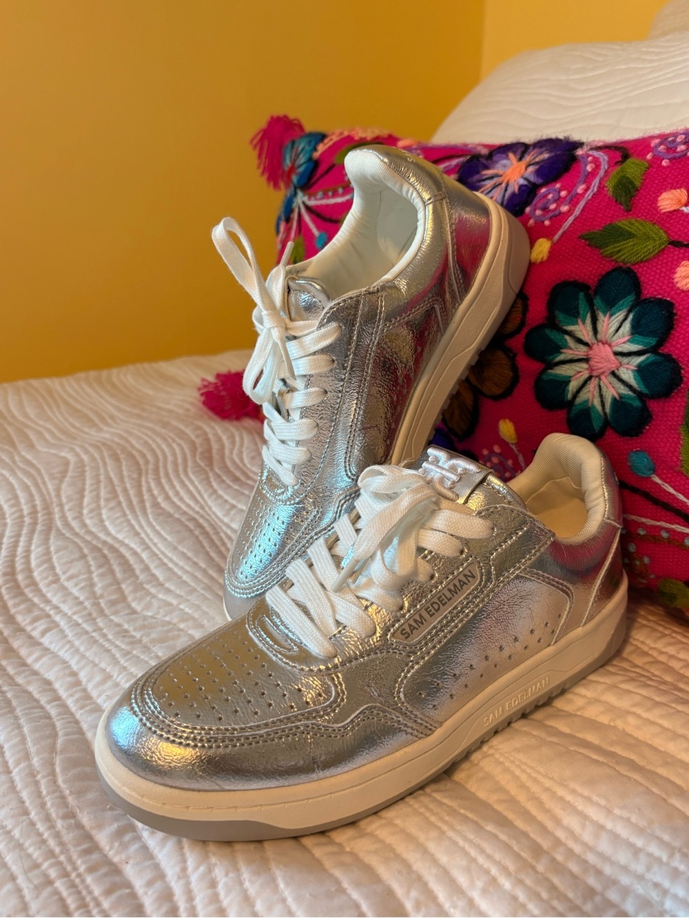 Sam Edelman Metallic Silver Leather Lace-Up Sneakers
